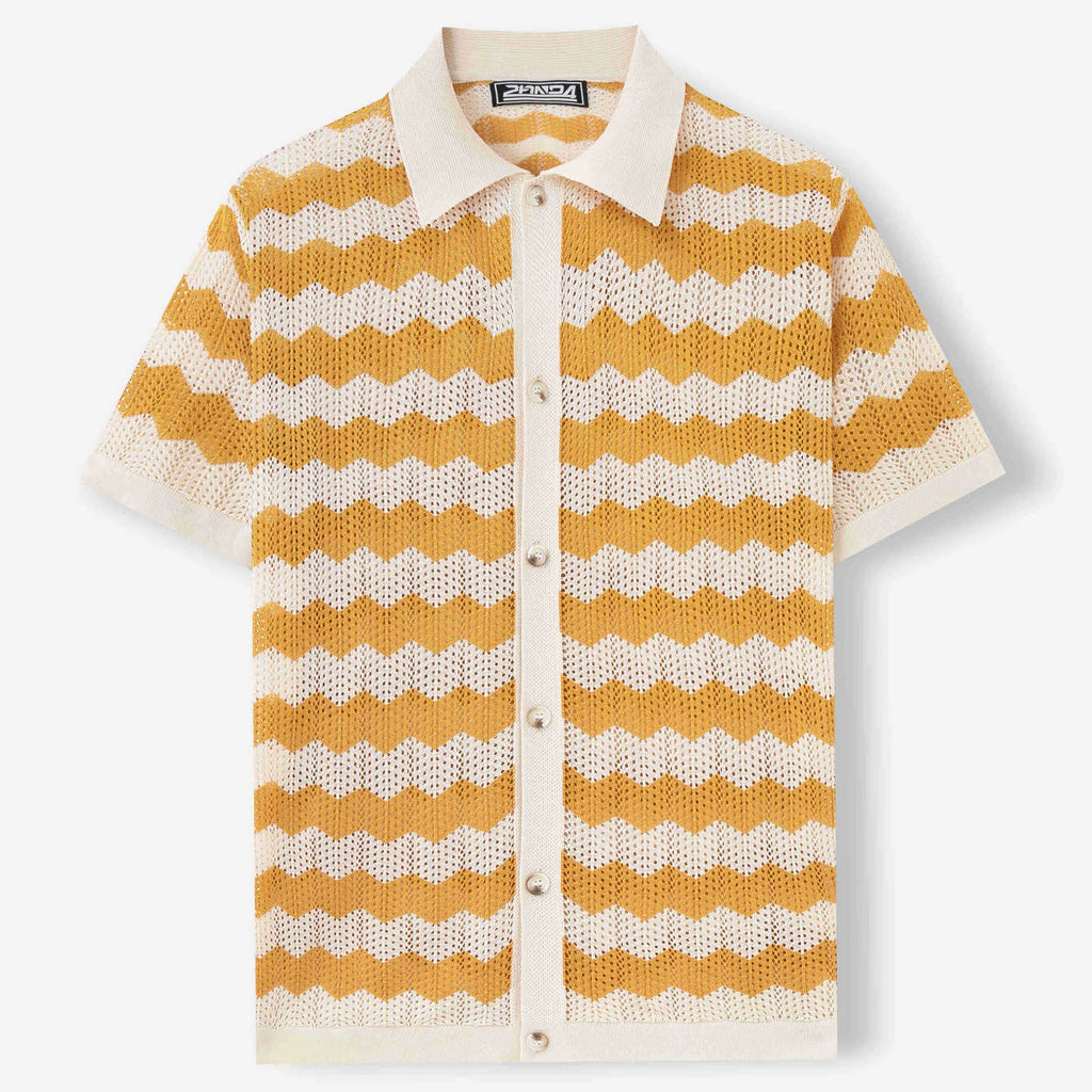 Short sleeve viscose jacquard sweater in yellow, blue, or brown with corrugated pattern