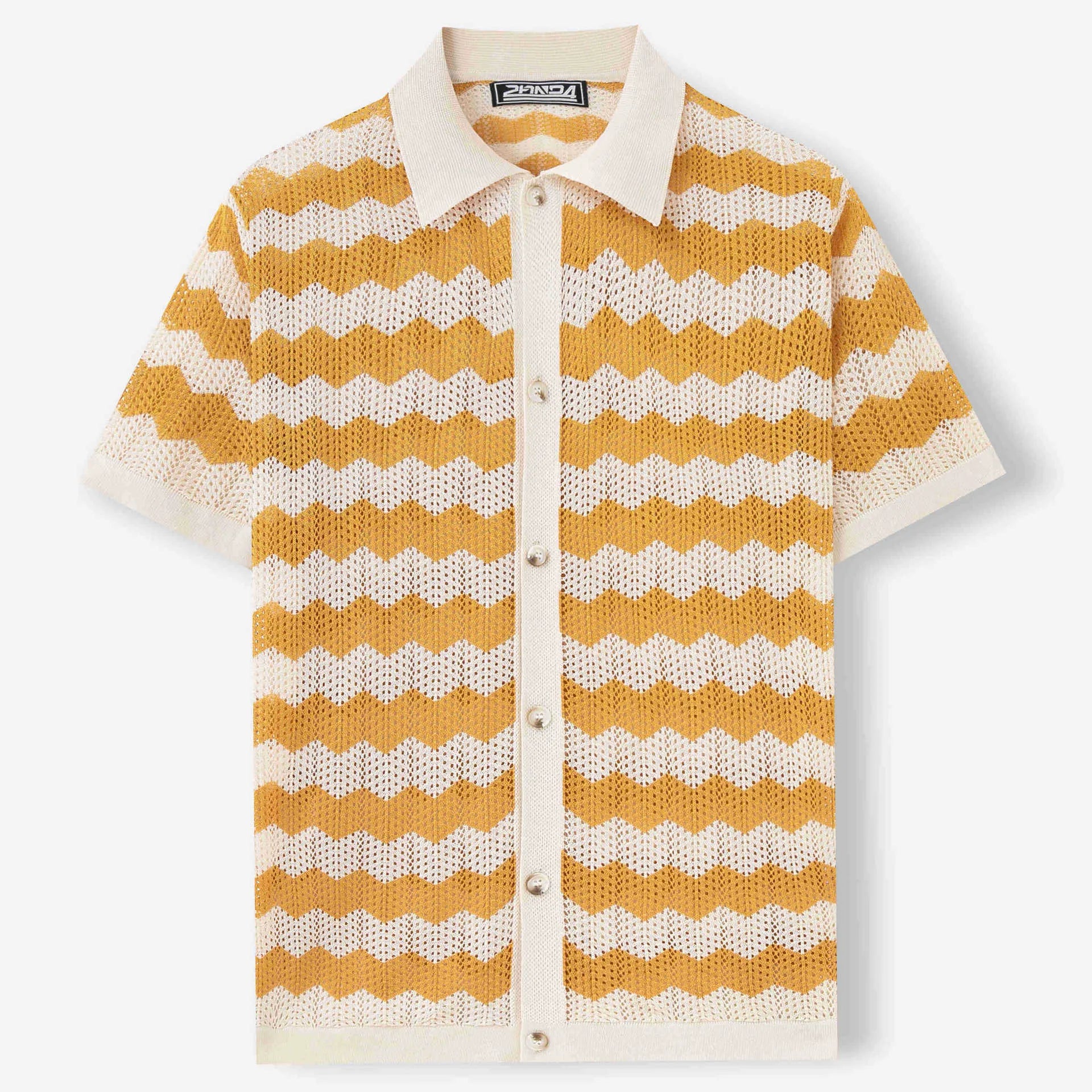 Short sleeve viscose jacquard sweater in yellow, blue, or brown with corrugated pattern