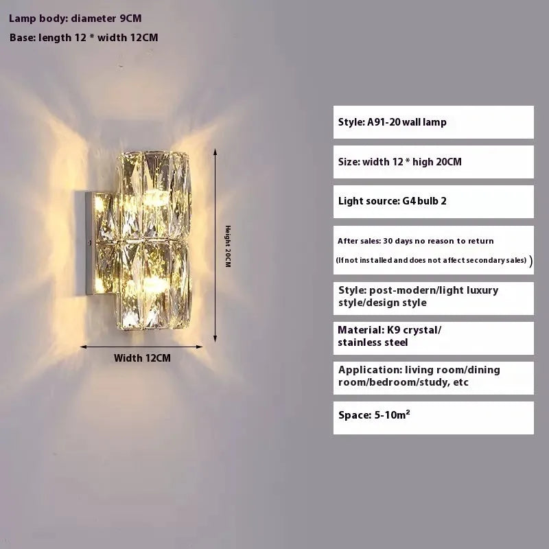 Crystal shade wall lamp with stainless steel body in chrome or gold finish, shown in multiple sizes.