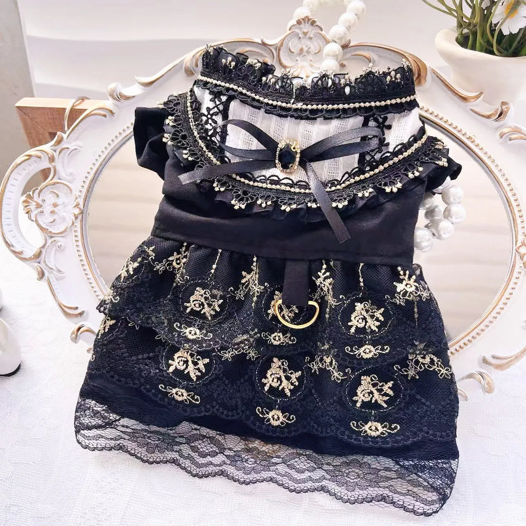 Golden ruffled gothic princess skirt costume being worn by a small dog or cat.