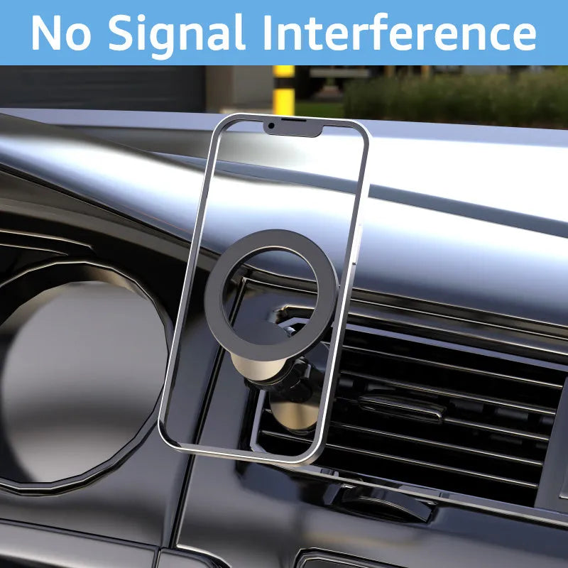 Black magnetic car phone holder mounted on vehicle air vent with O-ring design