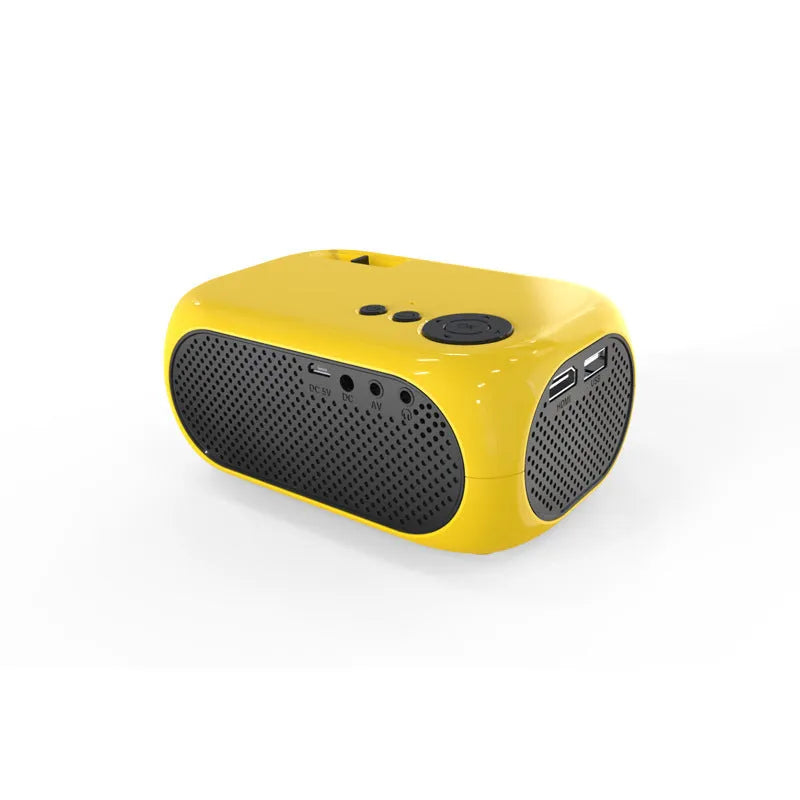 M24 portable mini projector in gold colour with compact 190mm design and AV cable