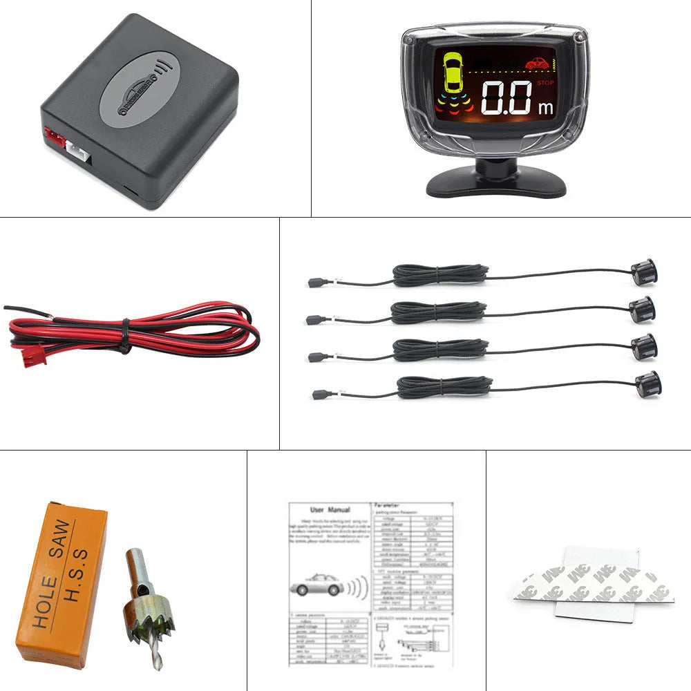 Wireless vehicle reversing sensor kit with main unit, four black probes, LED display, and installation tools.
