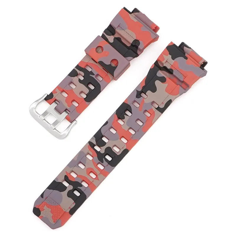 Camouflage pattern TPU rubber watch strap with a silver buckle.