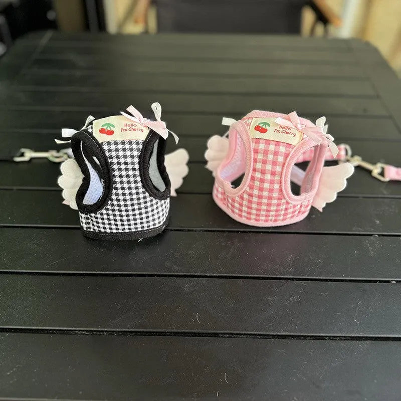 Small dog wearing pink cotton chest and back harness with hand holding rope attachment