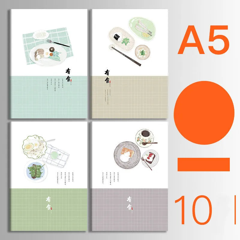 Ten soft cover kraft paper notebooks with thread binding in A5 and B5 sizes showing multiple design styles