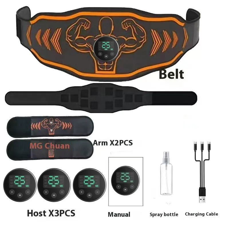 Blue rechargeable EMS smart massage belt with arm stickers and timing function