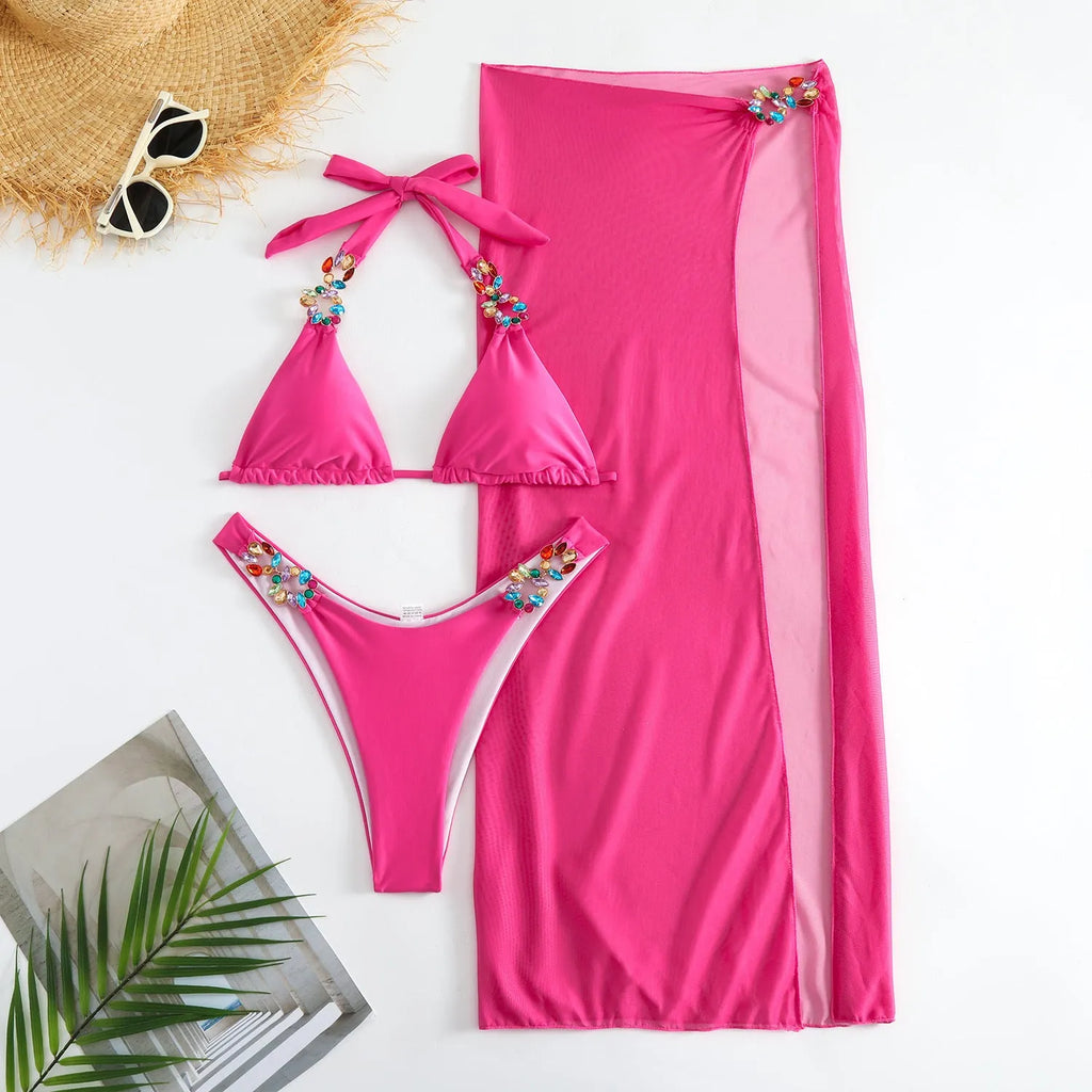 Women's three piece swimsuit set with mesh skirt in rose red or yellow colour