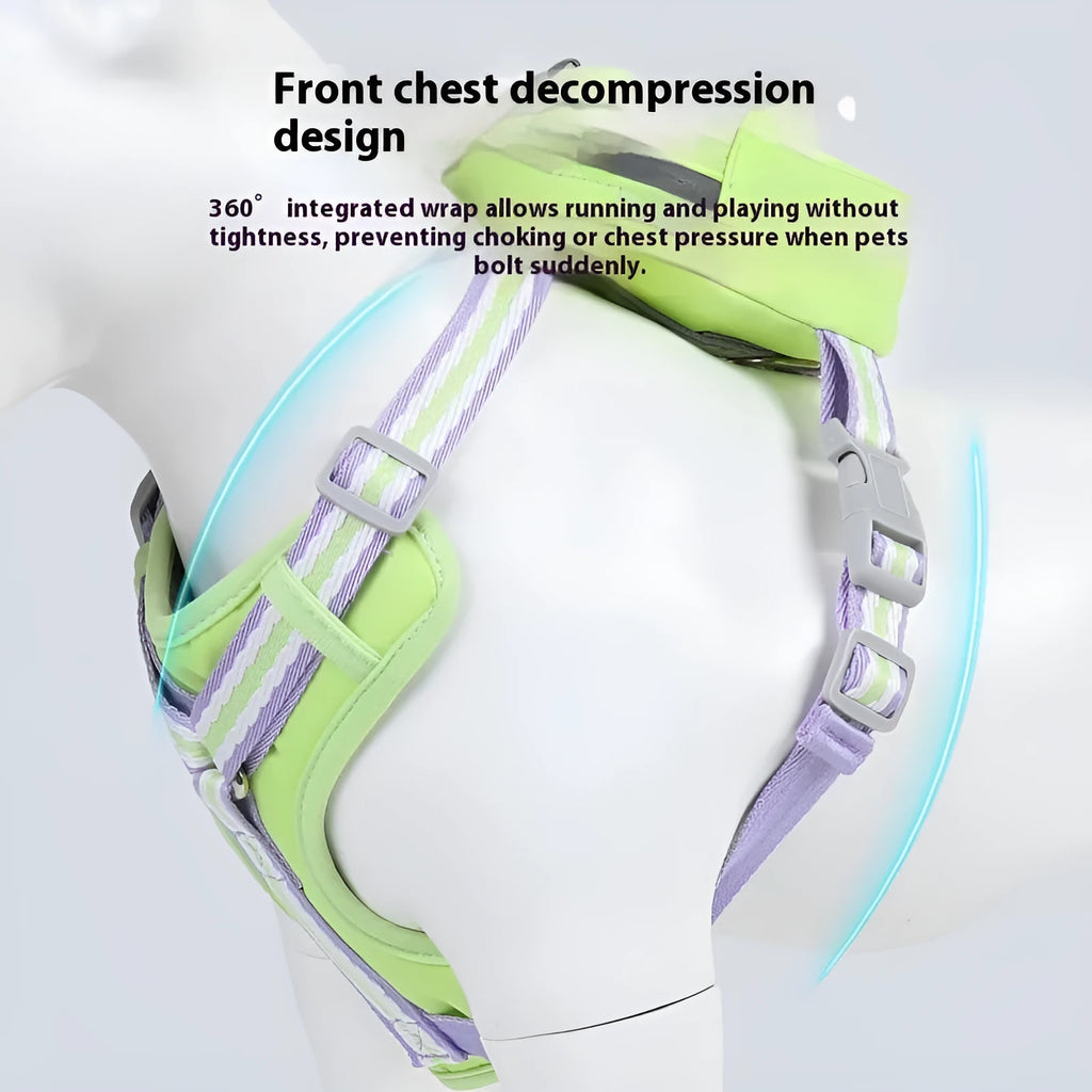 Explosion-proof anti-strangulation dog harness in Oxford cloth with attached holding rope.