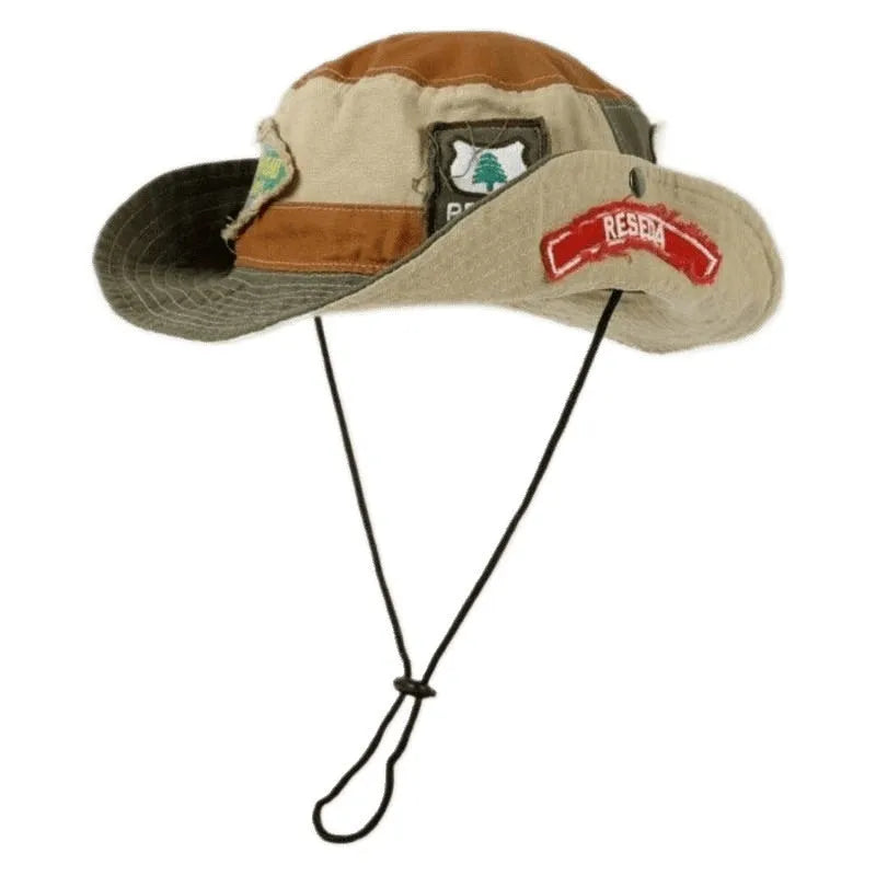 Army green foldable fisherman hat with patchwork design and flat top crown