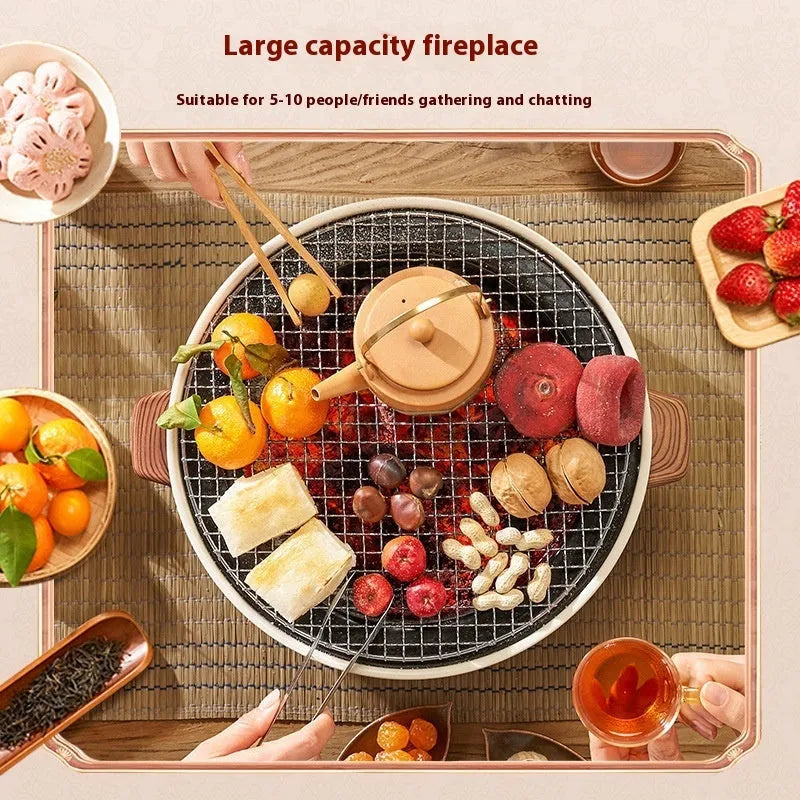 Portable charcoal tea cooking stove set with grill rack for indoor baking