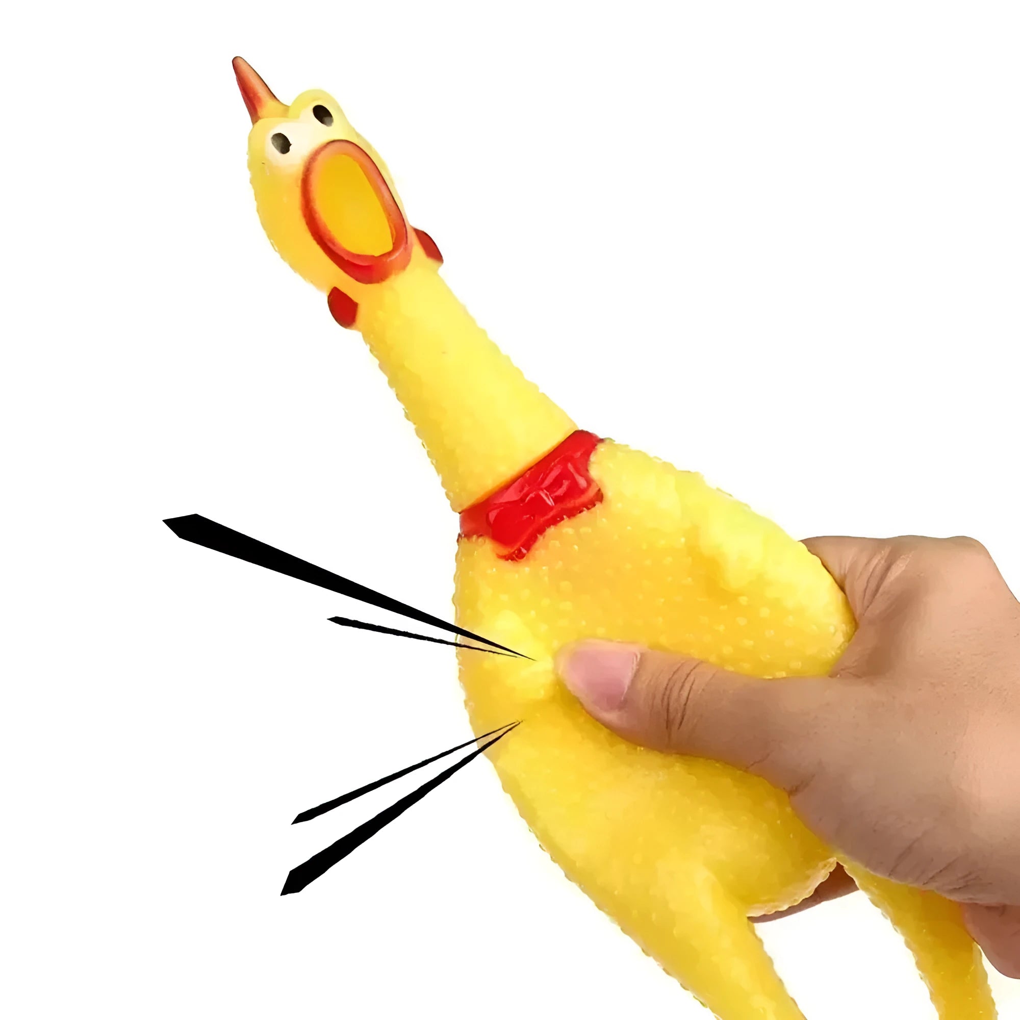 Yellow rubber screaming chicken dog squeaky toy shown in three different sizes