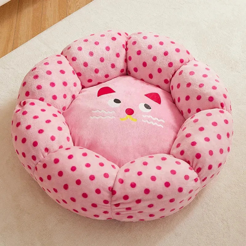Pink dot fabric cat bed cushion shown in two size options for pets up to 20 pounds