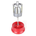 Portable hub balancer tool with aluminium head and enamel-finished base for wheel balancing.
