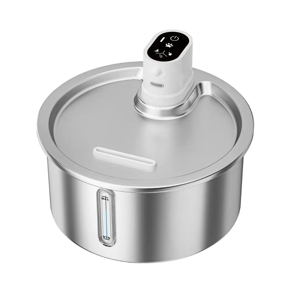 Stainless steel pet water fountain with constant temperature heating base in black and white colour options