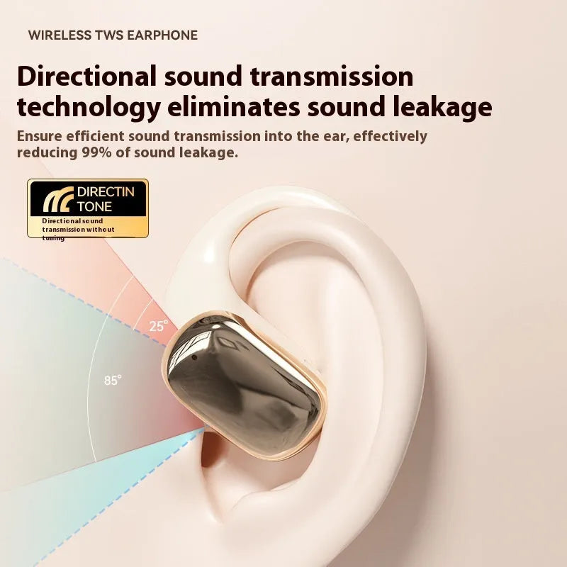 Ear-mounted wireless headphones in black colour with a small digital display screen on the side