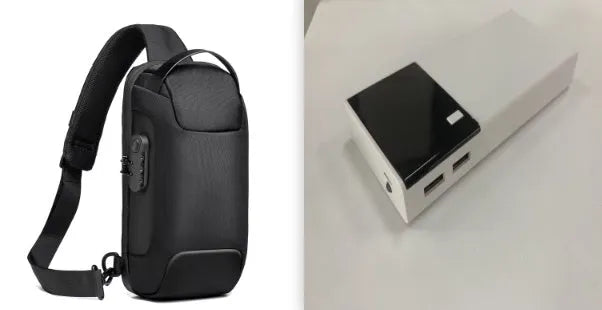 Black 20000mAh portable power bank and charging cable on a white background