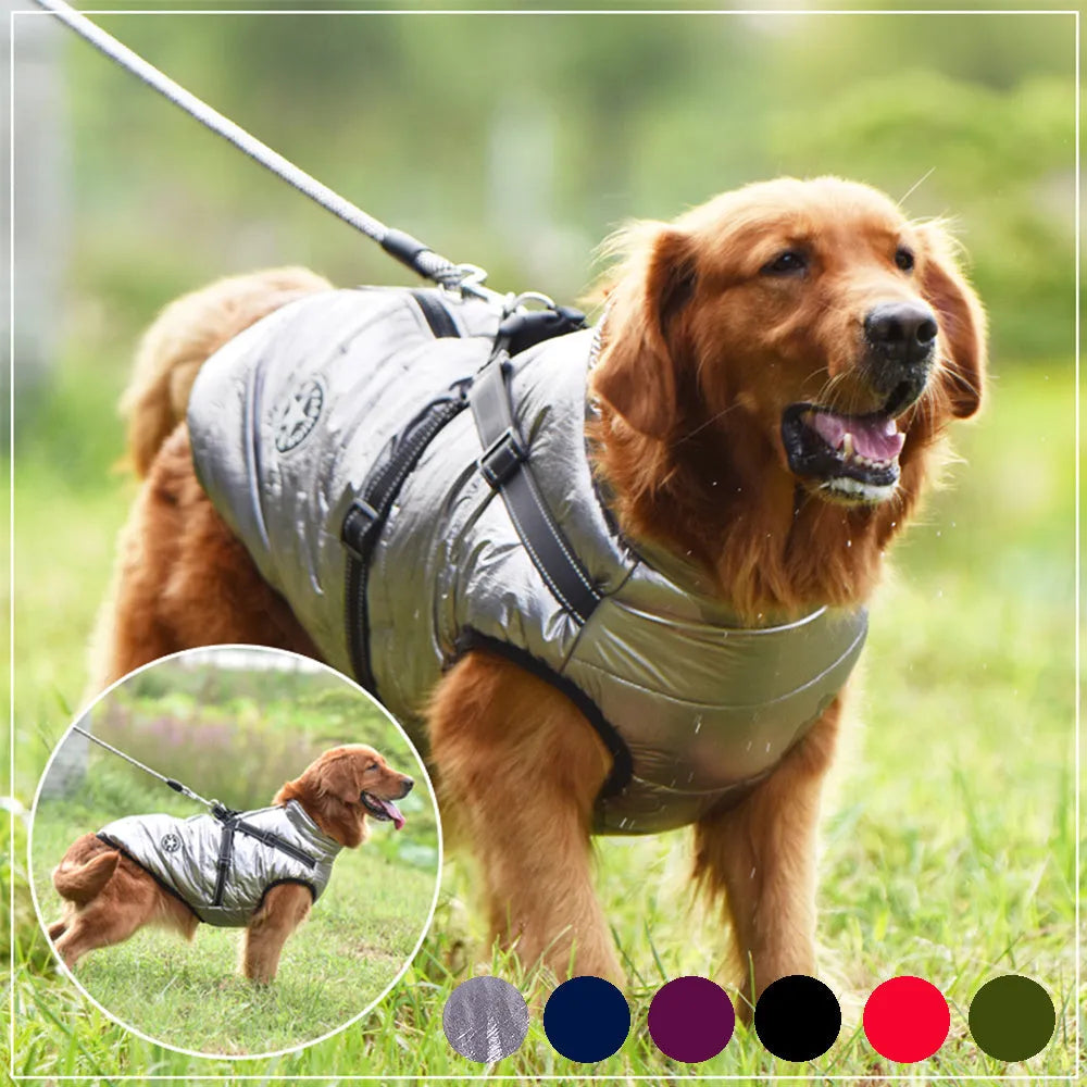 Red waterproof dog coat with integrated harness for winter outdoor use