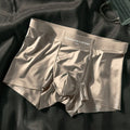 Men's Ice Silk satin-knit underwear briefs in mid-waist fit, shown in coffee colour.