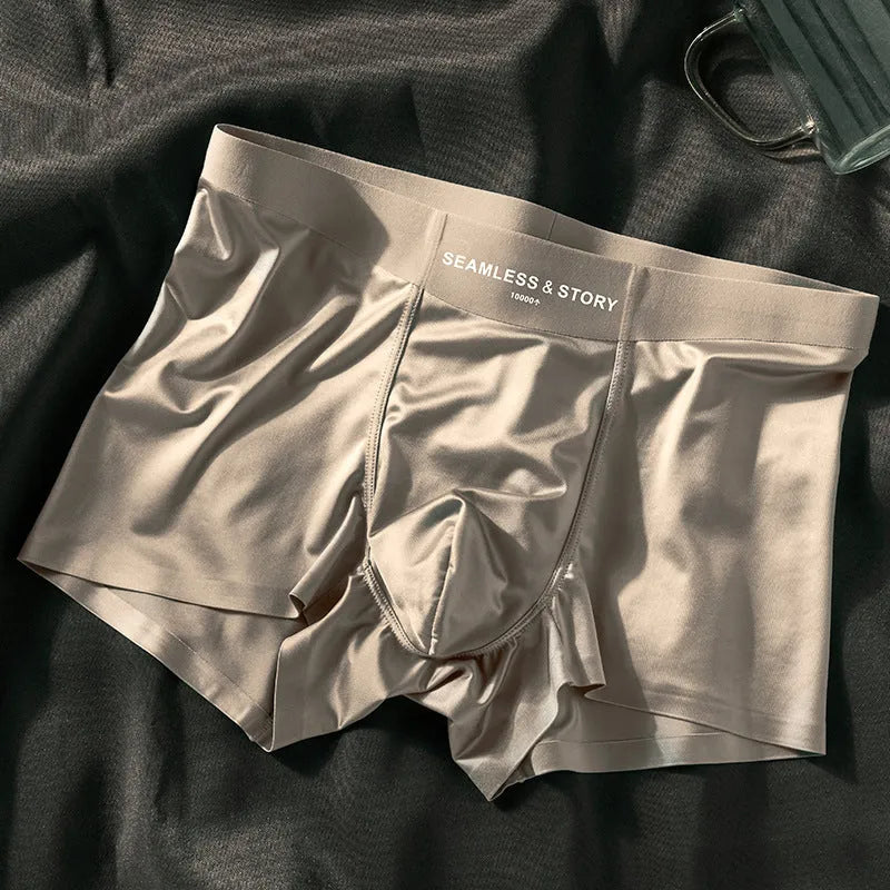 Men's Ice Silk satin-knit underwear briefs in mid-waist fit, shown in coffee colour.