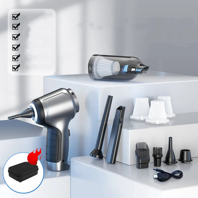 Handheld and vertical vacuum cleaner with brushless motor mounted in car with charging cable and accessories bag