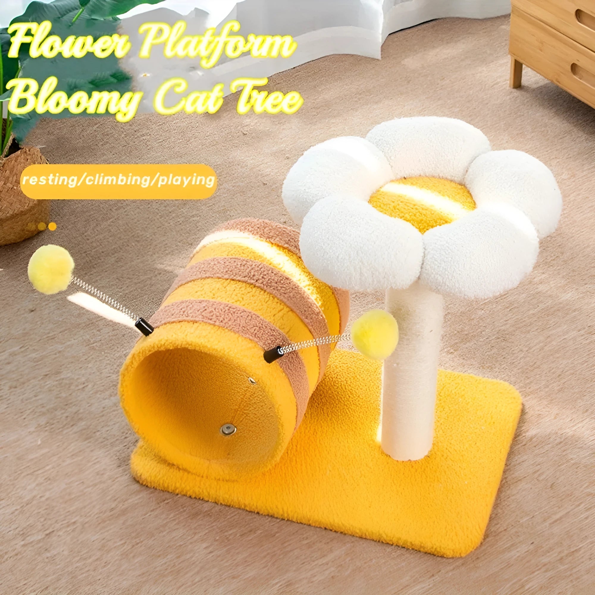 Yellow bee cat climbing frame with sisal scratching board and tunnel measuring 46x36x25cm
