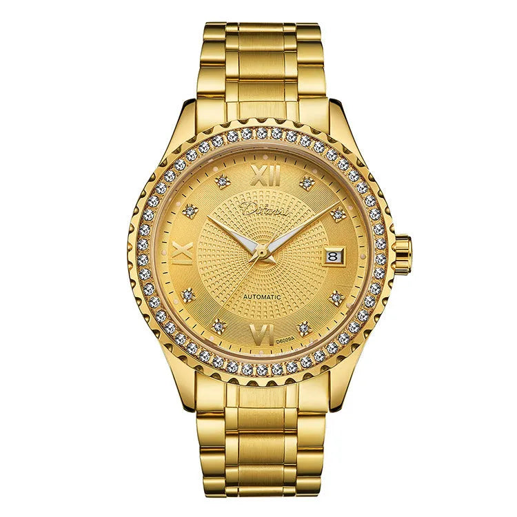 Men's gold automatic mechanical watch with white dial and waterproof luminous features