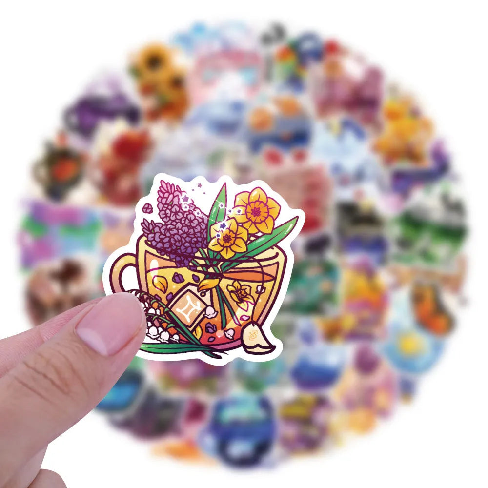 Pack of 50 colourful tea cup graffiti design waterproof stickers for DIY personalisation on scooters and luggage.