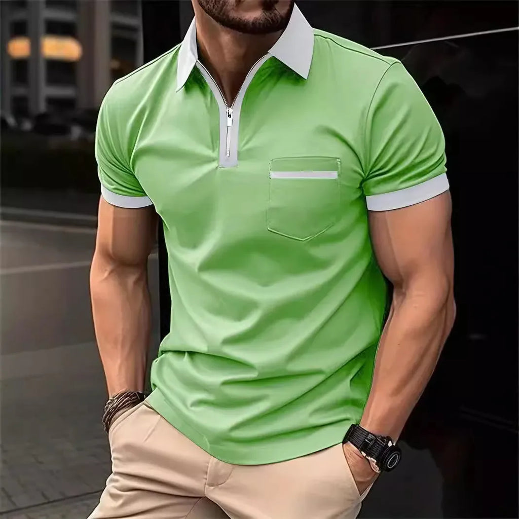 Men's loose fit short sleeve casual shirt with chest pocket and contrasting collar detail