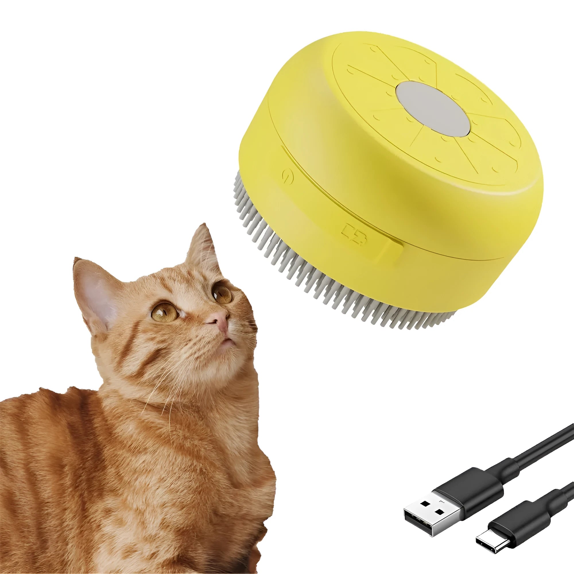 Rechargeable cat steam brush with green silicone bristles and ergonomic handle
