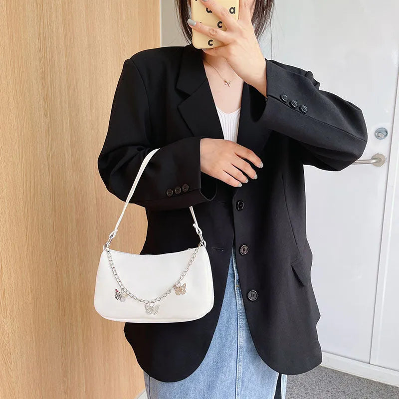 Fashion butterfly chain underarm bag in horizontal square shape with PU material and chain detail