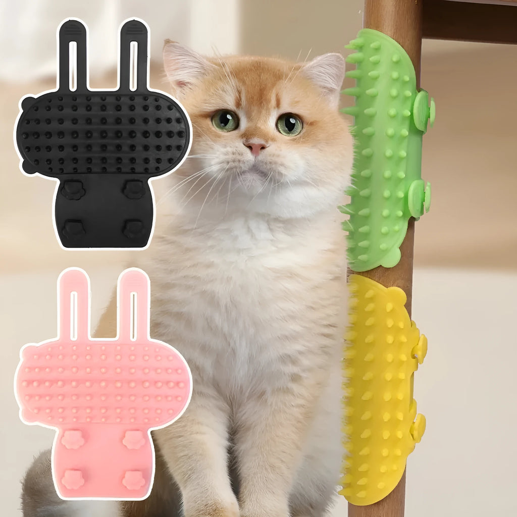 Adjustable silicone cat scratching grooming brush in black, mounted on a table leg.