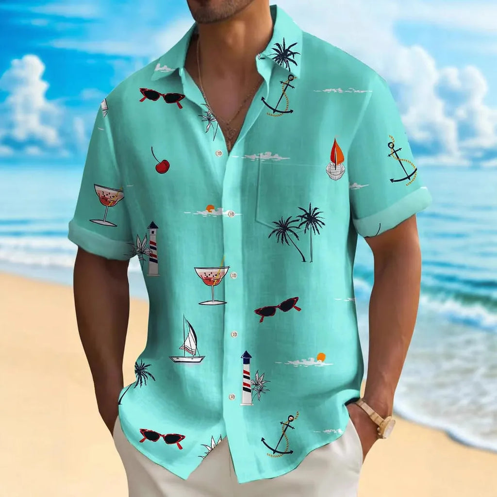 Men's loose fit Hawaiian shirt with digital print pattern, short sleeves.