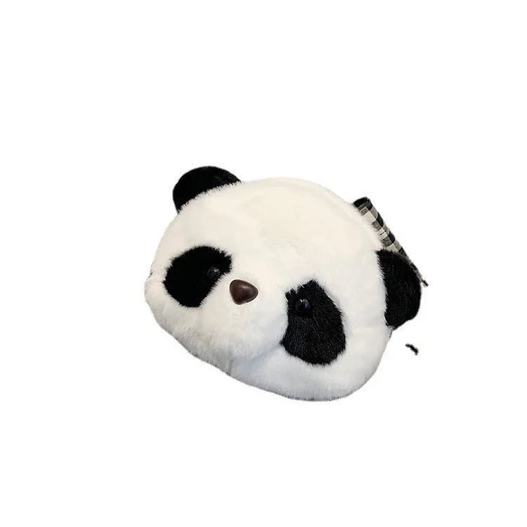 Plush panda head design crossbody bag showing cylindrical shape and sandwich pocket