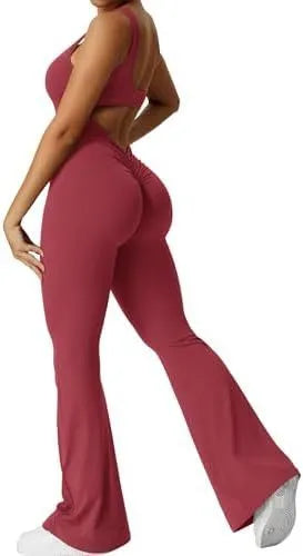 Women's sleeveless flare jumpsuit for yoga and fitness in high-elasticity polyester fabric