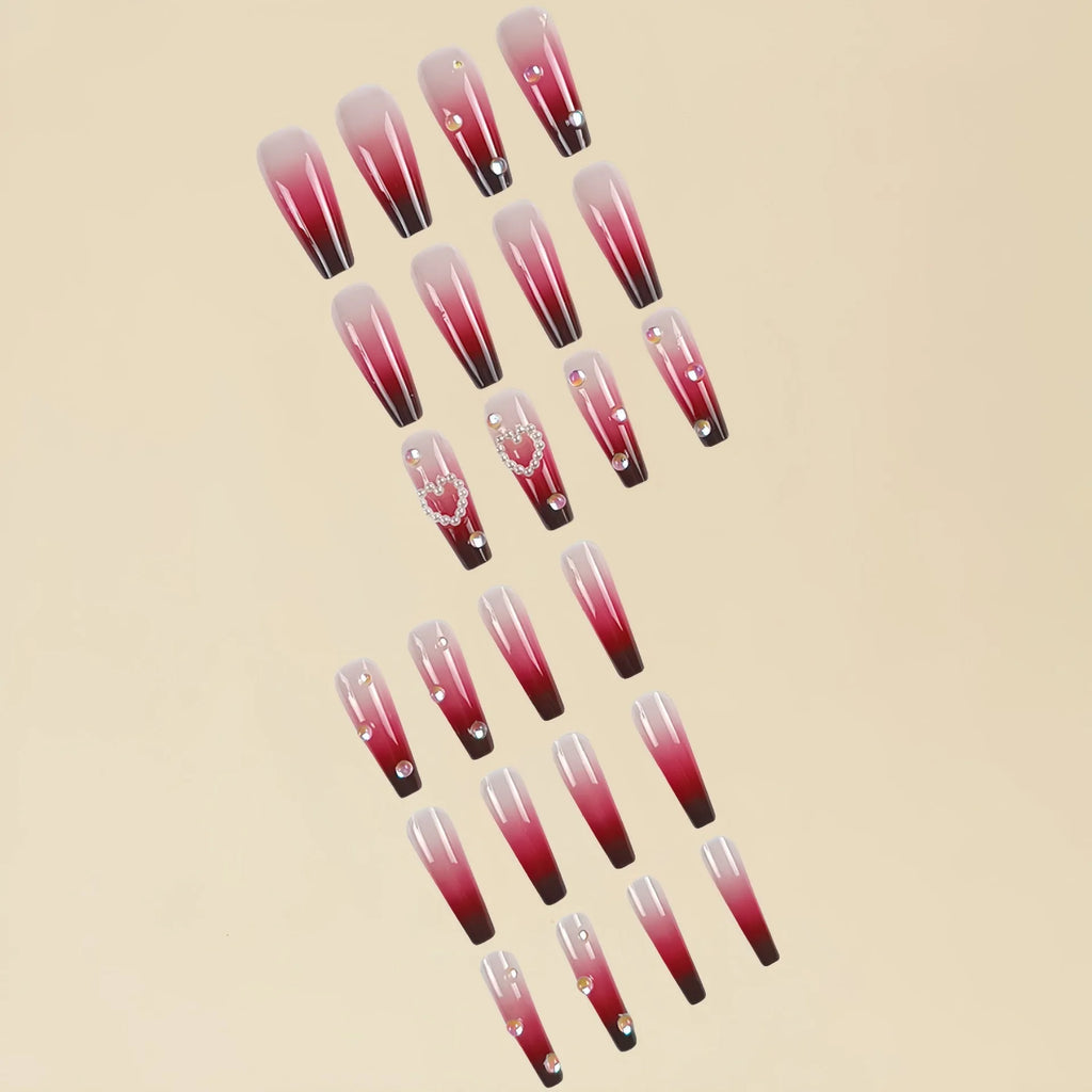 Wine red gradient plaid pattern fake nail tips with pearl hearts in long ballet style