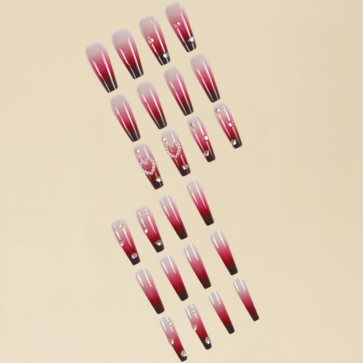 Wine red gradient plaid pattern fake nail tips with pearl hearts in long ballet style