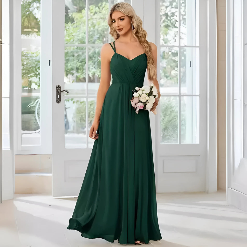 Women's light green sleeveless sling dress with pleated long A-line skirt