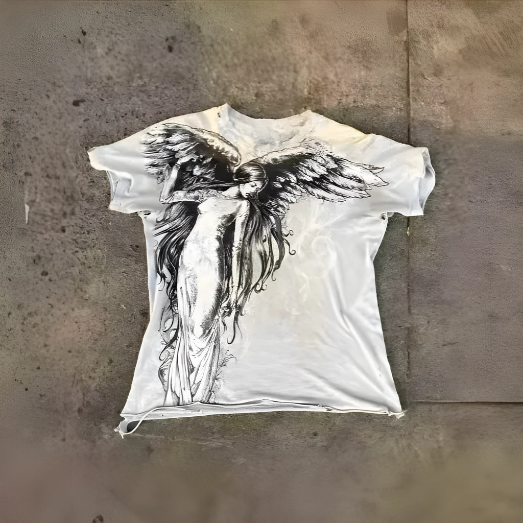 Gothic style men's short sleeve top with a cartoon pattern in colour HQ929 on a hanger.