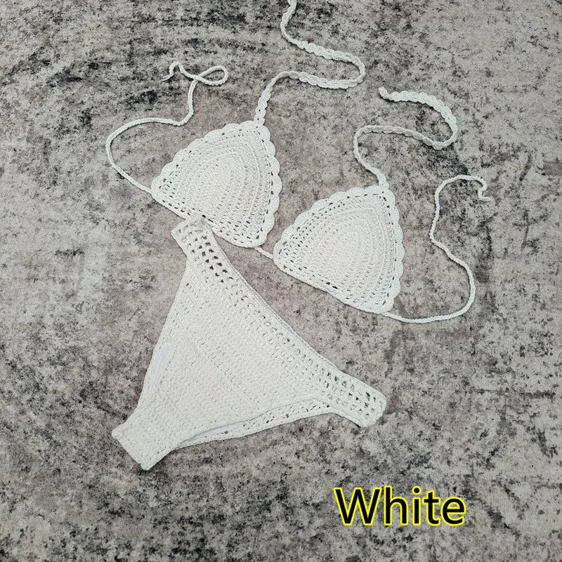 Handmade crochet bikini swimsuit set with matching beach skirt in acrylic fabric