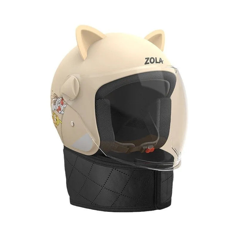 Winter electric bicycle helmet with attached scarf showing blue colour variant