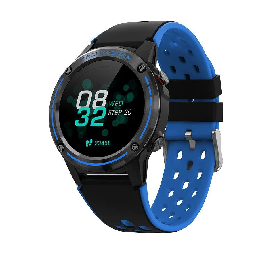 GPS smart watch with black silicone strap and toughened glass screen showing fitness tracking display