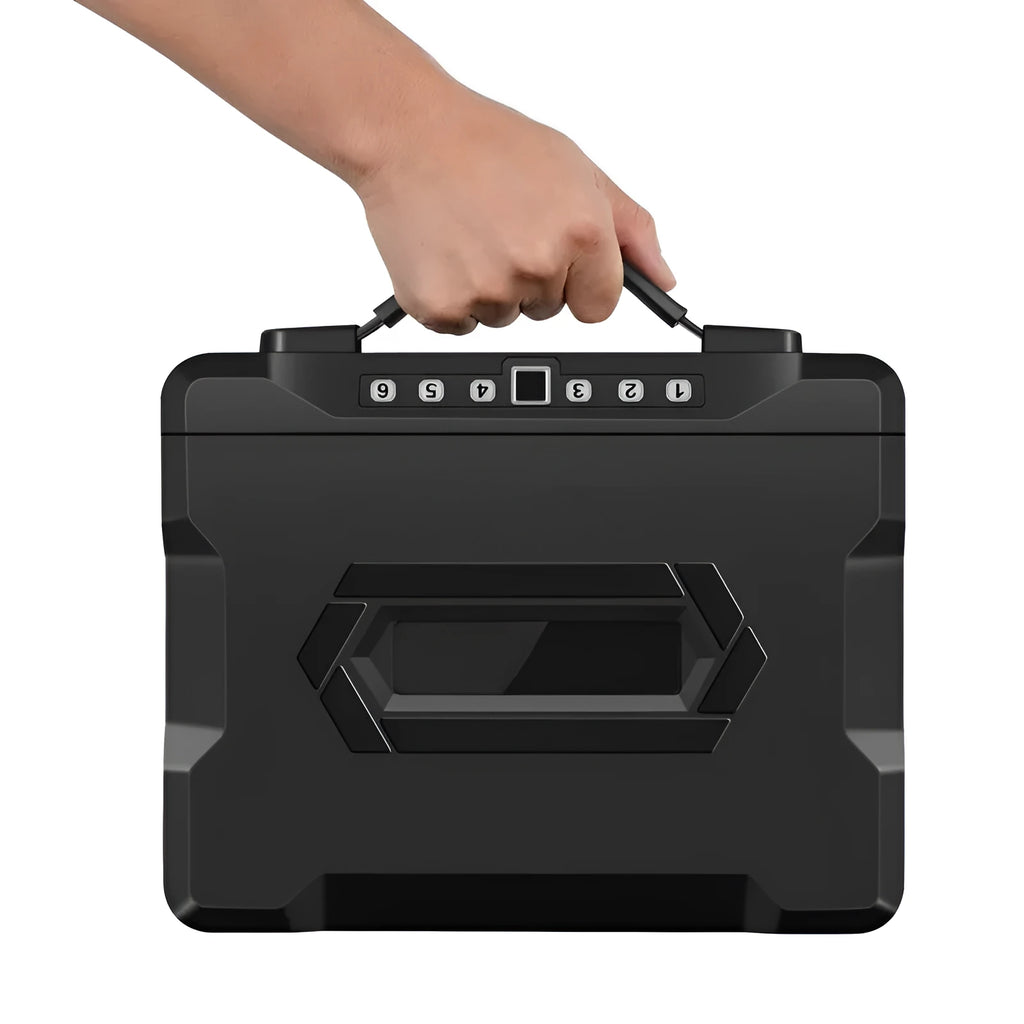 Small grey mechanical password safe with key lock for portable home office security