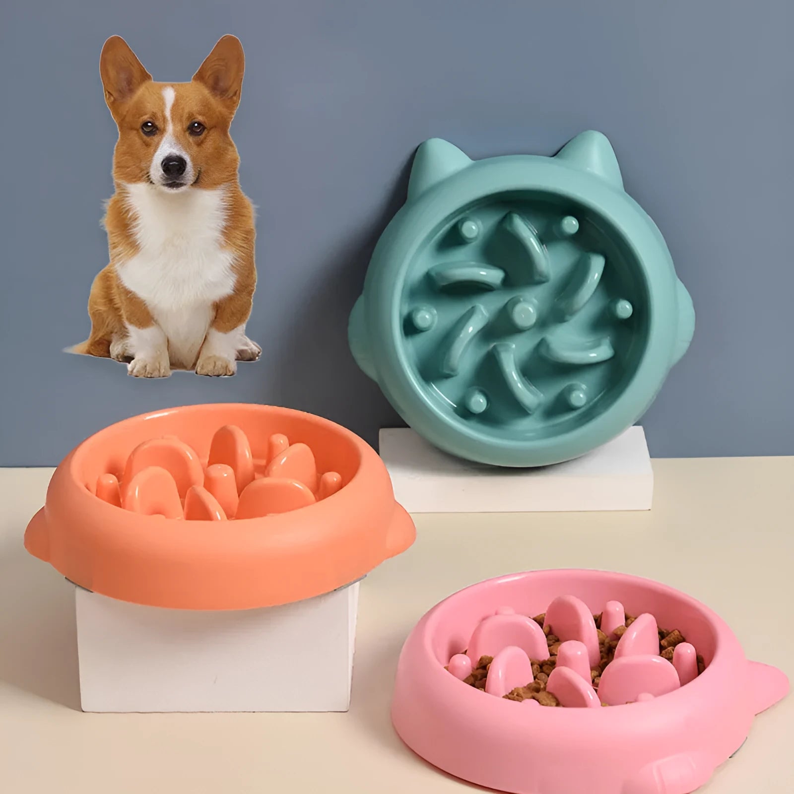 Bone shaped slow feeder dog bowl in green colour with raised internal obstacles