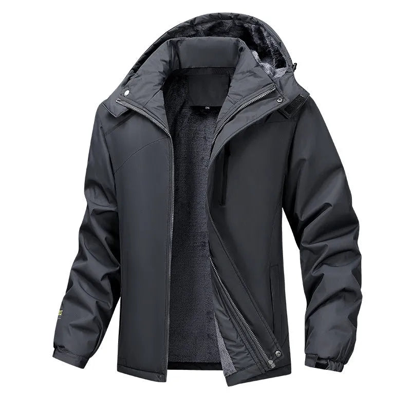 Men's plus-size loose-fit hooded winter coat in Army Green, shown on a model.
