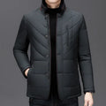 Men's dark blue short winter coat with side seam pockets and cotton-padded filler.