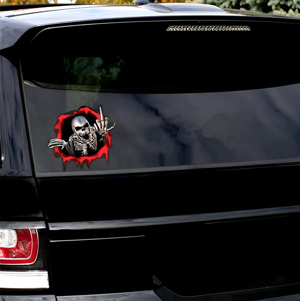 Colourful broken shell design metal skull bumper sticker measuring 15cm by 14cm on PET material