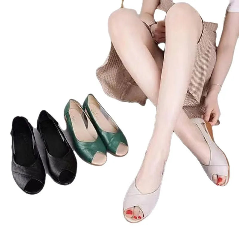 Women's casual peep toe sandals in beige with an ankle buckle and rubber sole.