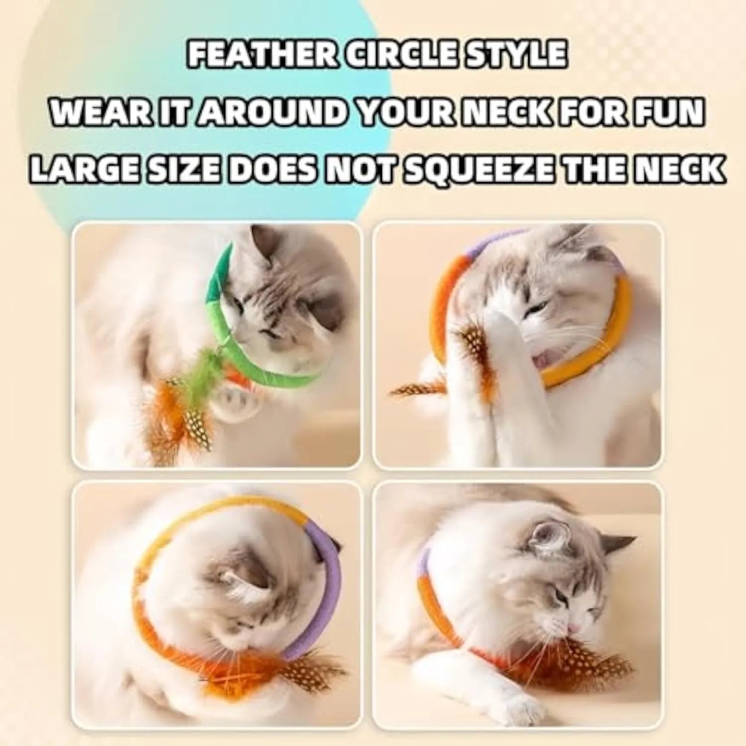 Green circular cotton rope cat toy with white feathers and catnip for indoor cats