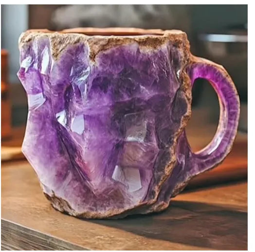 Resin mineral crystal coffee mug with handle in purple colour, showing 3D texture.